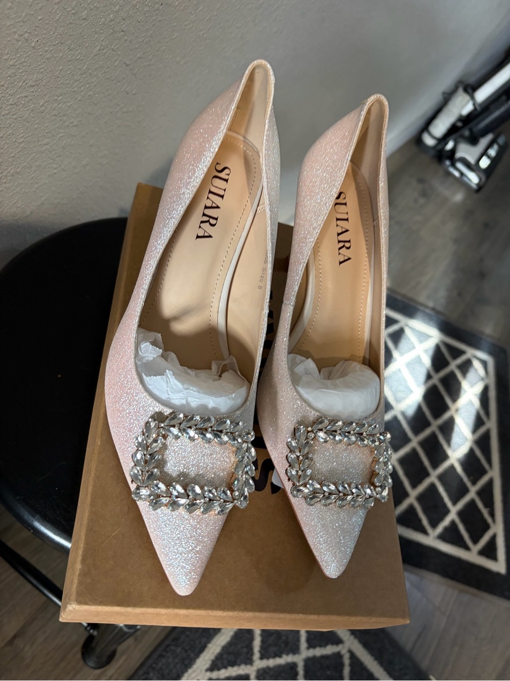 Suiara Cream Pink Glitter Pointed-Toe Heels with Crystal Buckle